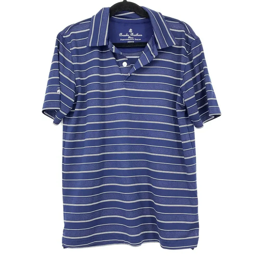 Brooks Brothers Fleece Performance Polo Shirt Boys Sz M Blue White Stripe